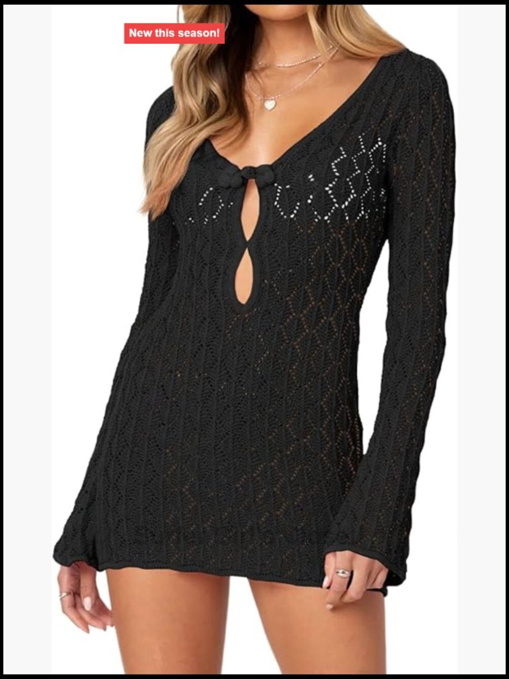 Women's Crochet Cover Up Long Sleeve Sheer Bodycon Mini Dress Beach Swimsuit
